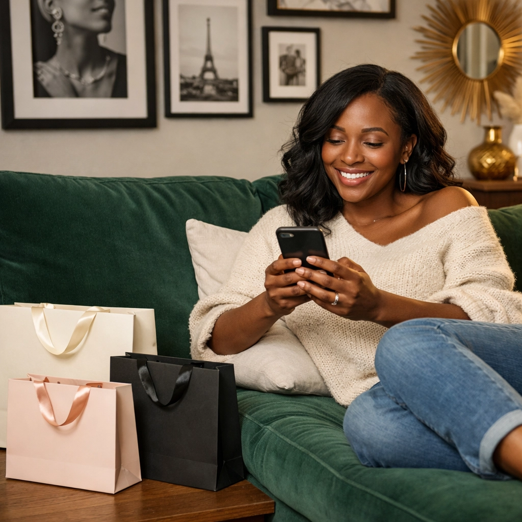 Socially conscious shopper buying Black-owned jewelry and lifestyle products on her phone at home.