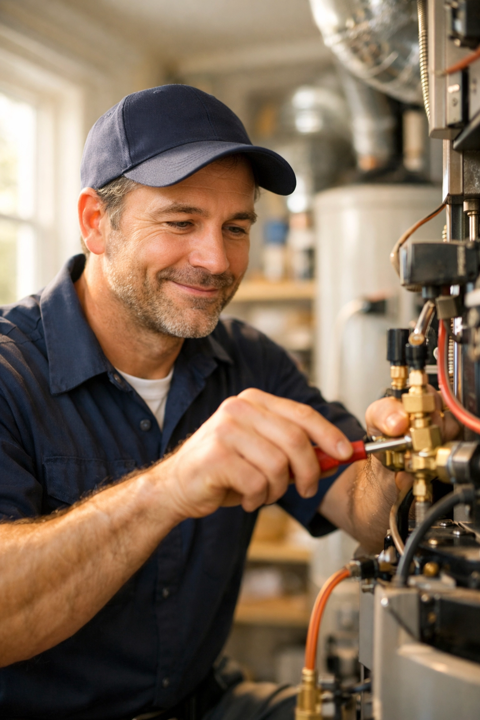 Professional technician performing local HVAC service to build small business trust and authority.