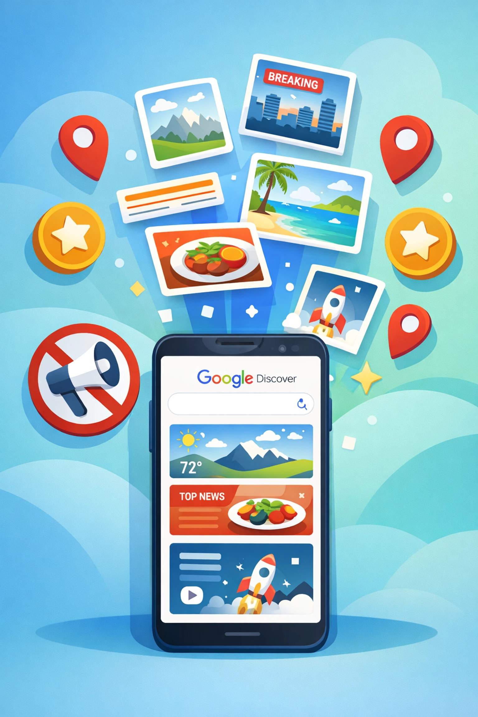 Google Discover feed displaying local content prioritization and anti-clickbait filtering