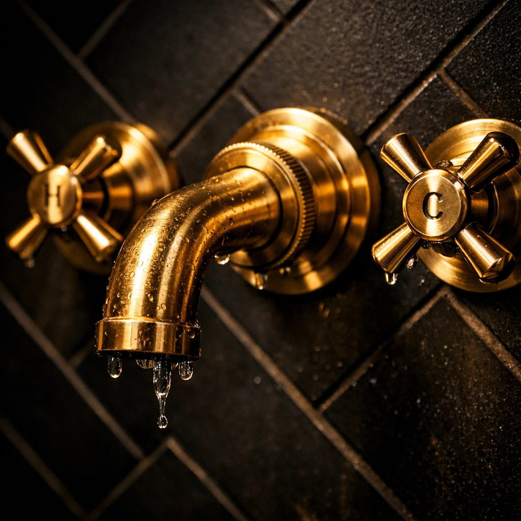 Designer brassware and herringbone tiles for contemporary bathroom design in Bognor Regis.