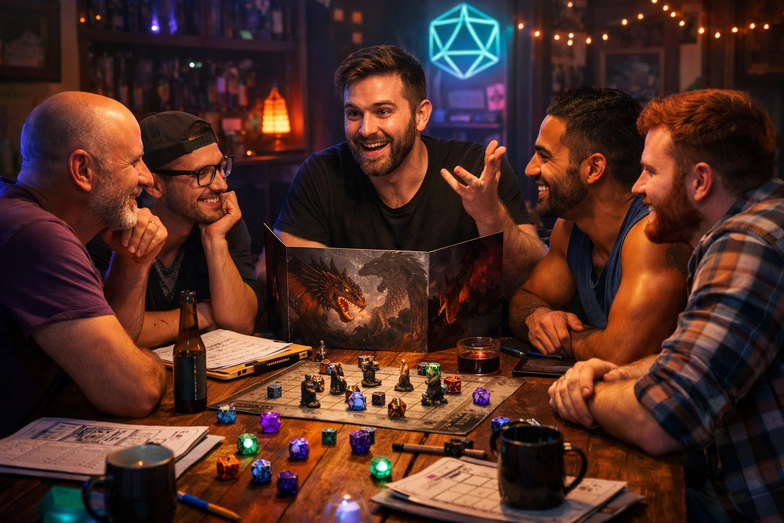 A group of gay friends playing a tabletop RPG together, enjoying a hobby that builds found family.