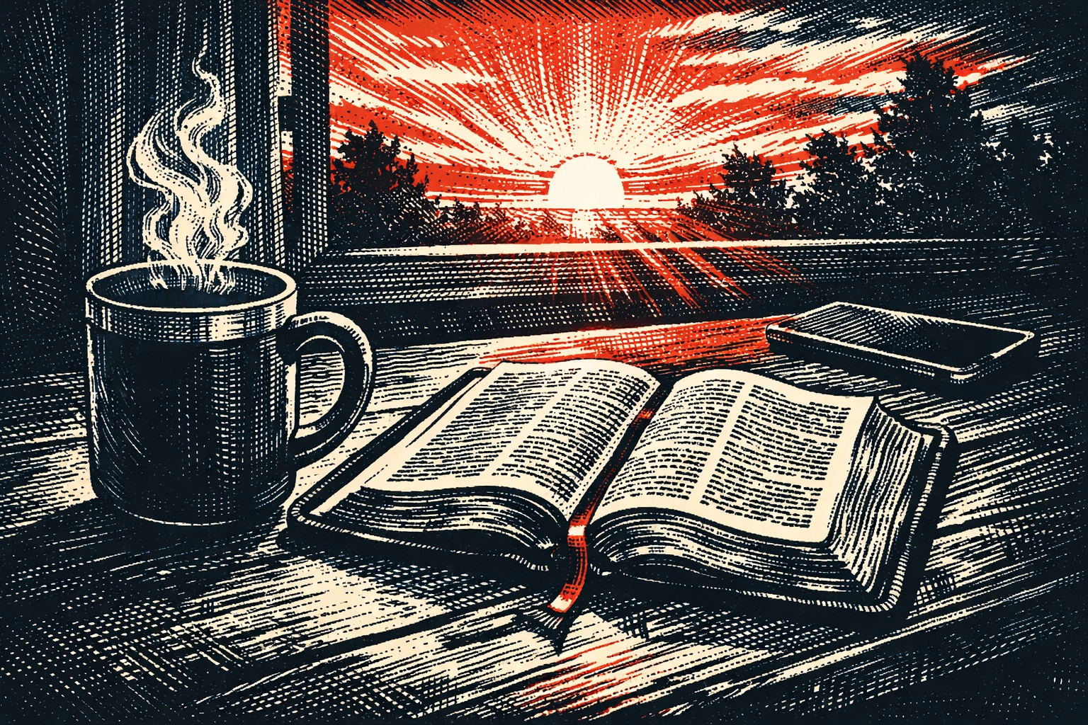 Early morning Bible and coffee with phone set aside for peaceful intentional news routine