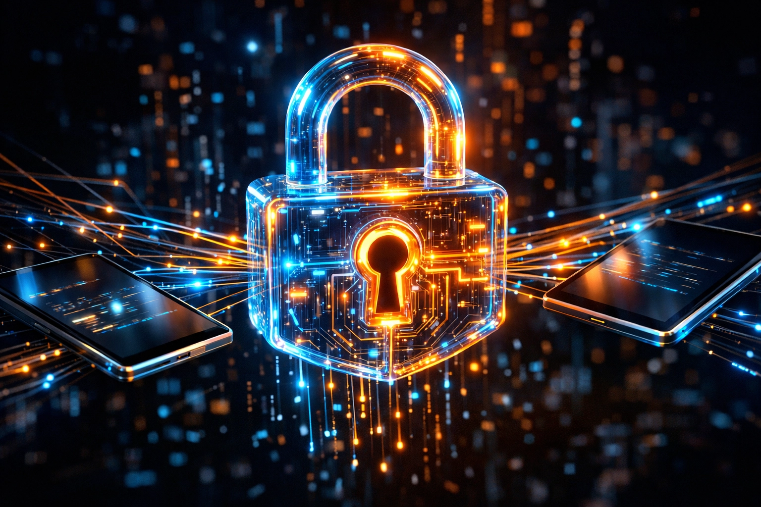 Secure digital escrow symbolized by a holographic lock for protected freelance smart contract payments.