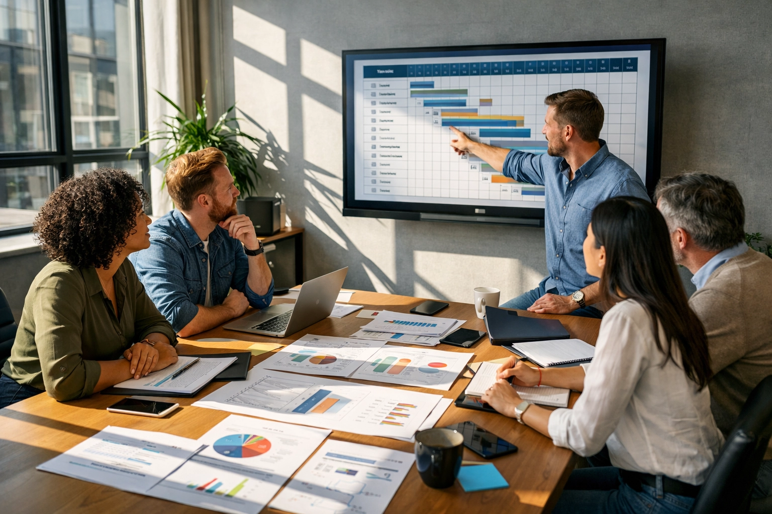 Business team collaborating on project planning documents to maximize ROI and execution quality