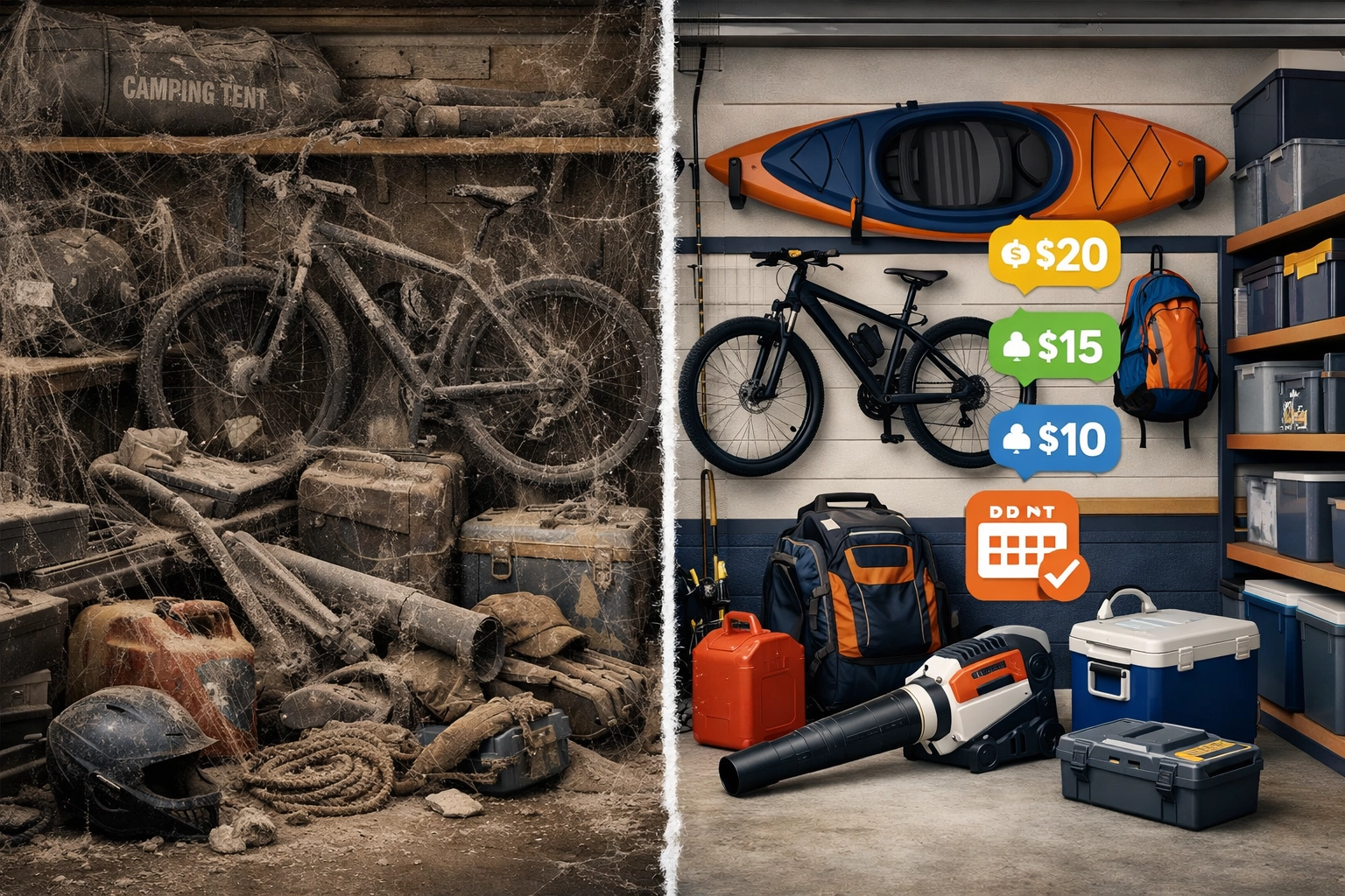 Garage storage transformed from cluttered unused items to organized rental income source