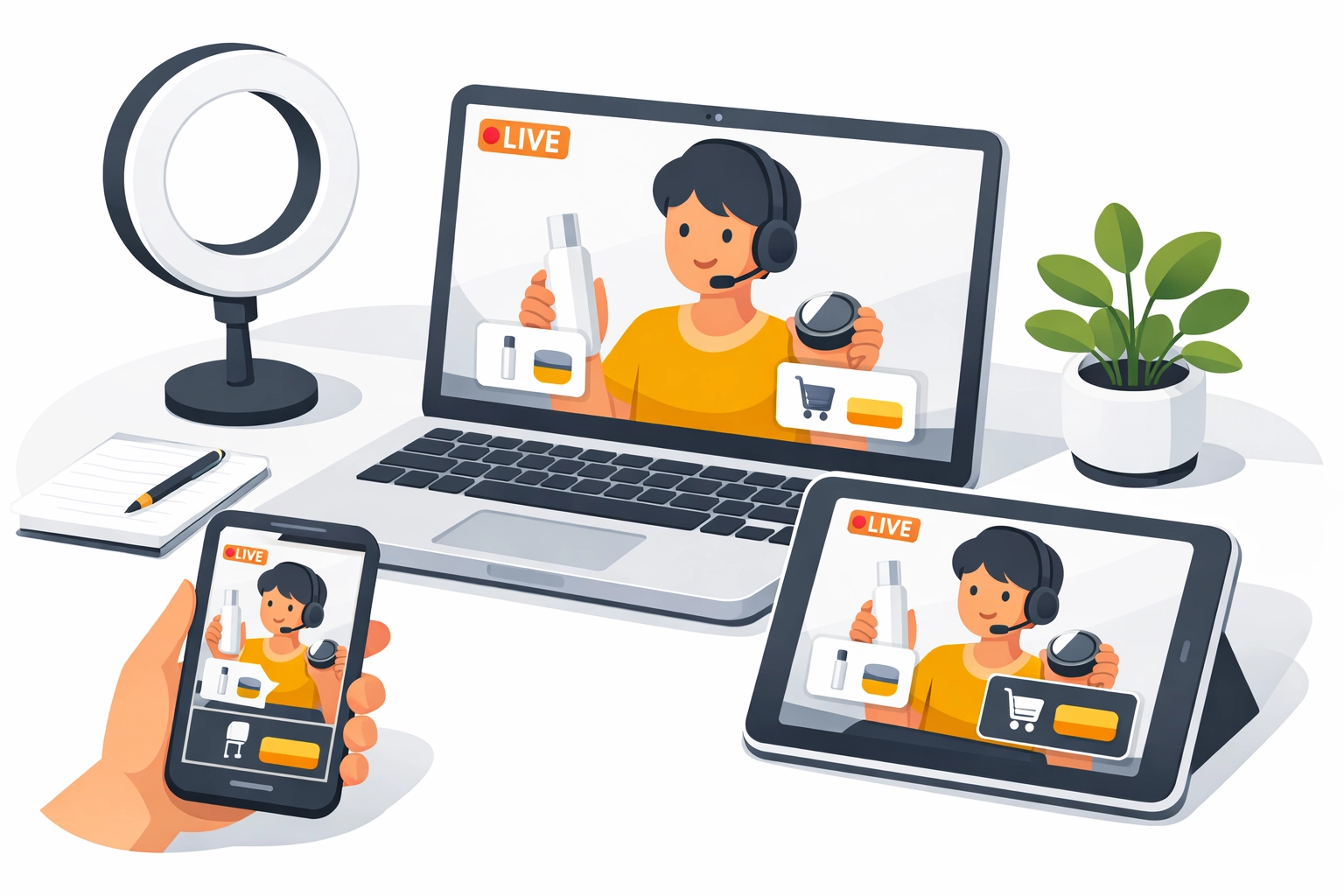 Live shopping platform interface with shoppable video tags and interactive cart overlay for sales.