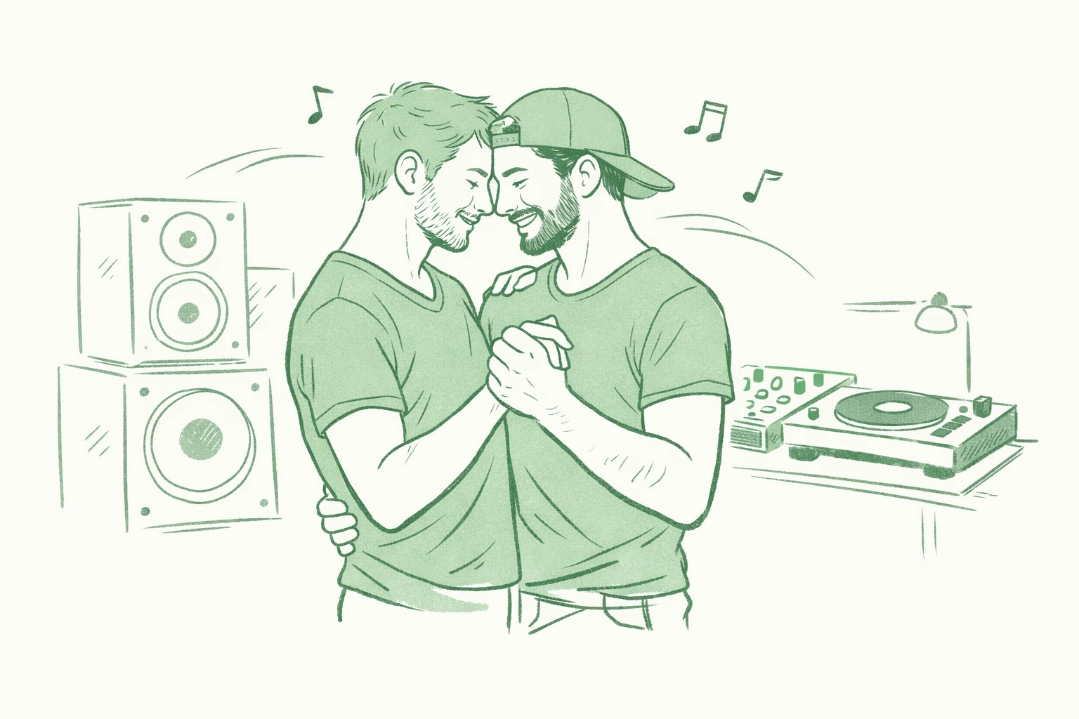 Men dancing together at underground queer techno event with DJ equipment