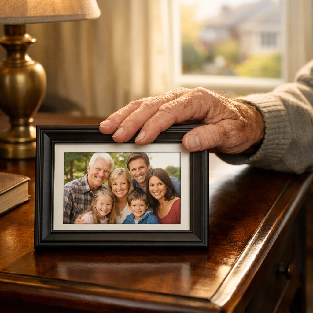 Elderly hand on a family photo, symbolizing the protection of final expense insurance.