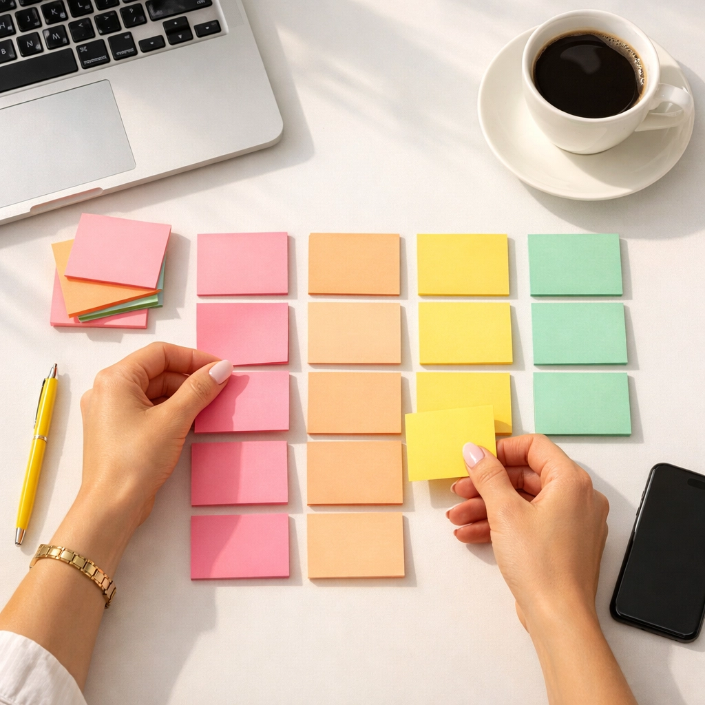 Organizing colorful sticky notes for content calendar planning on desk with laptop and coffee