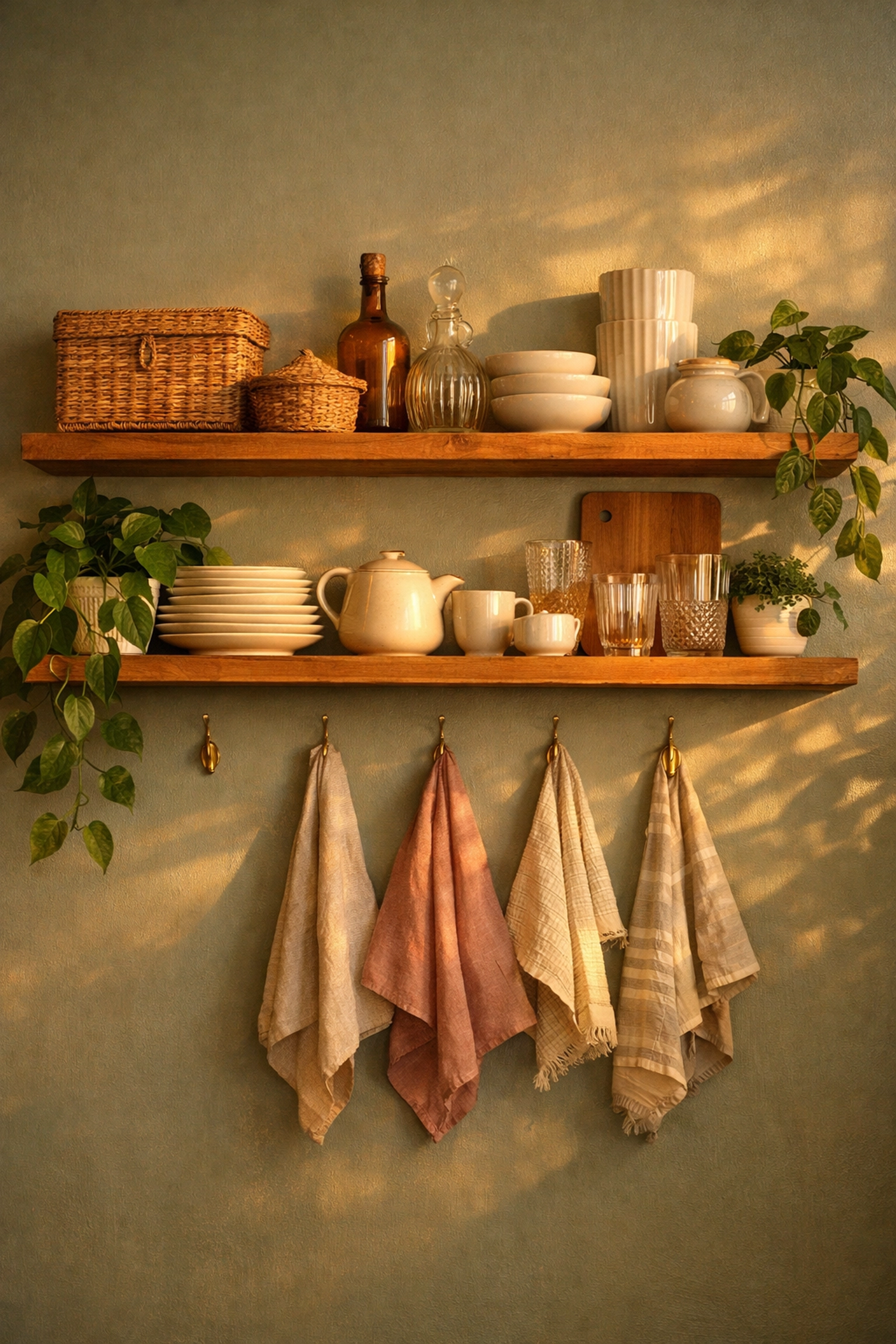 Open kitchen shelving with dishes and plants for renter-friendly storage and decor