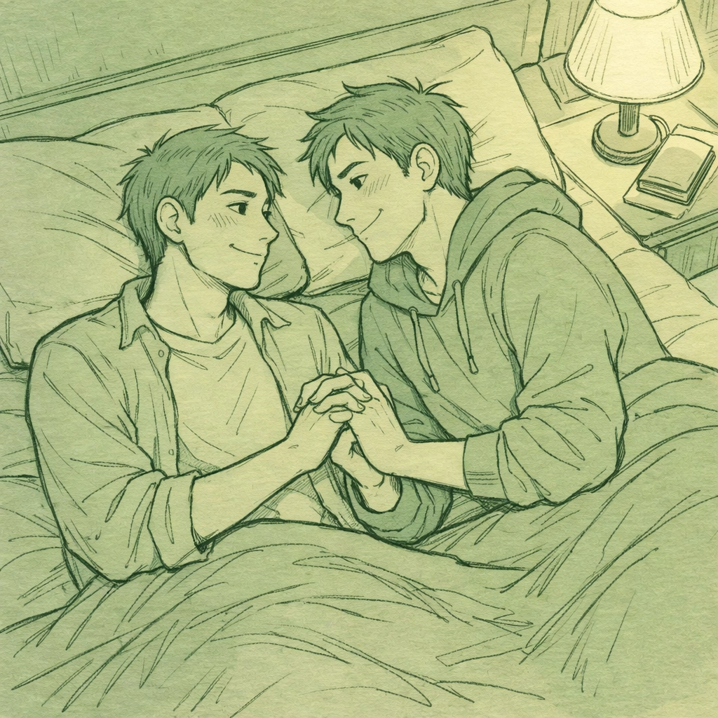 MM couple holding hands on bed sharing vulnerable moment of emotional connection