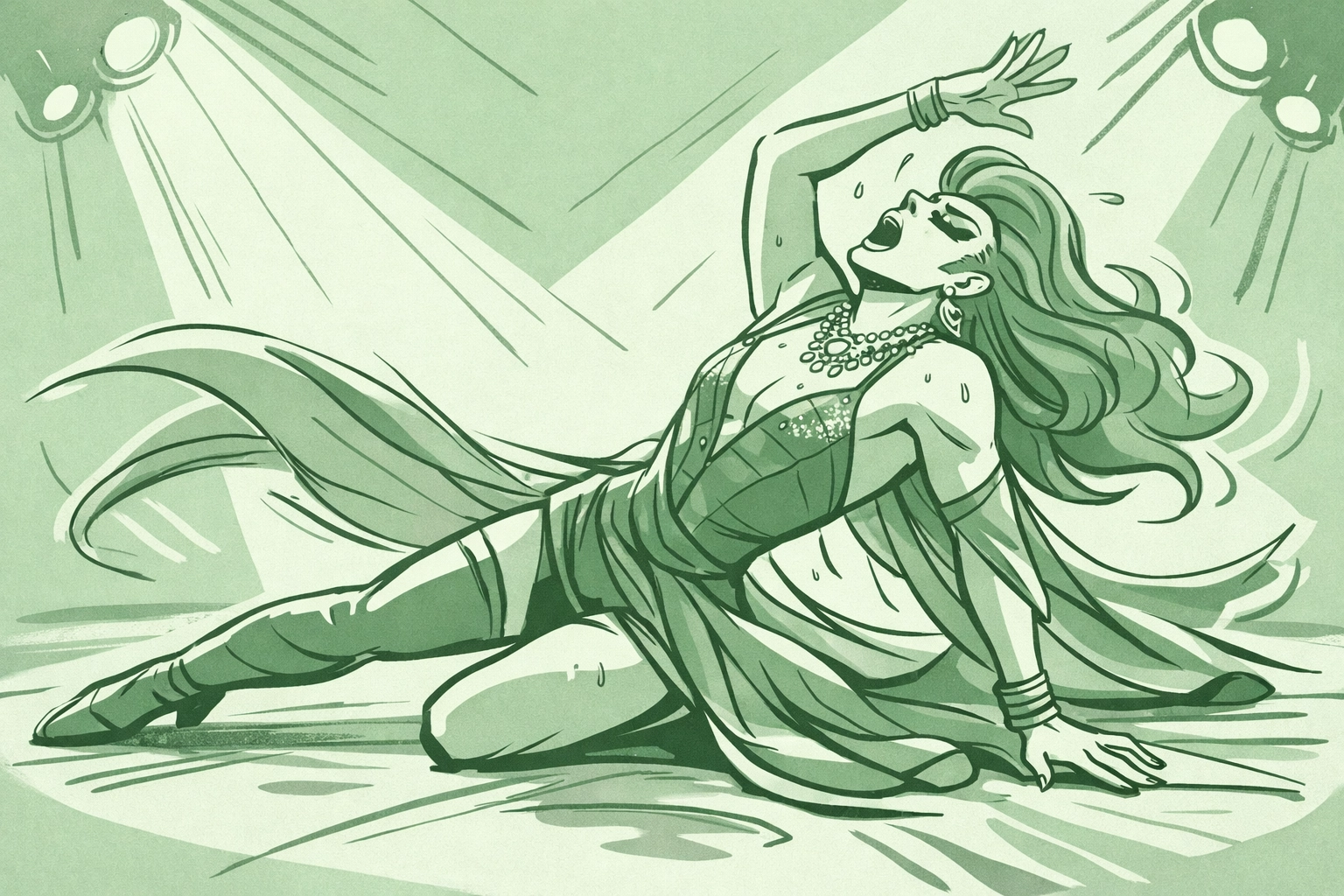 Drag queen executing dynamic dance move during high-energy lip sync performance