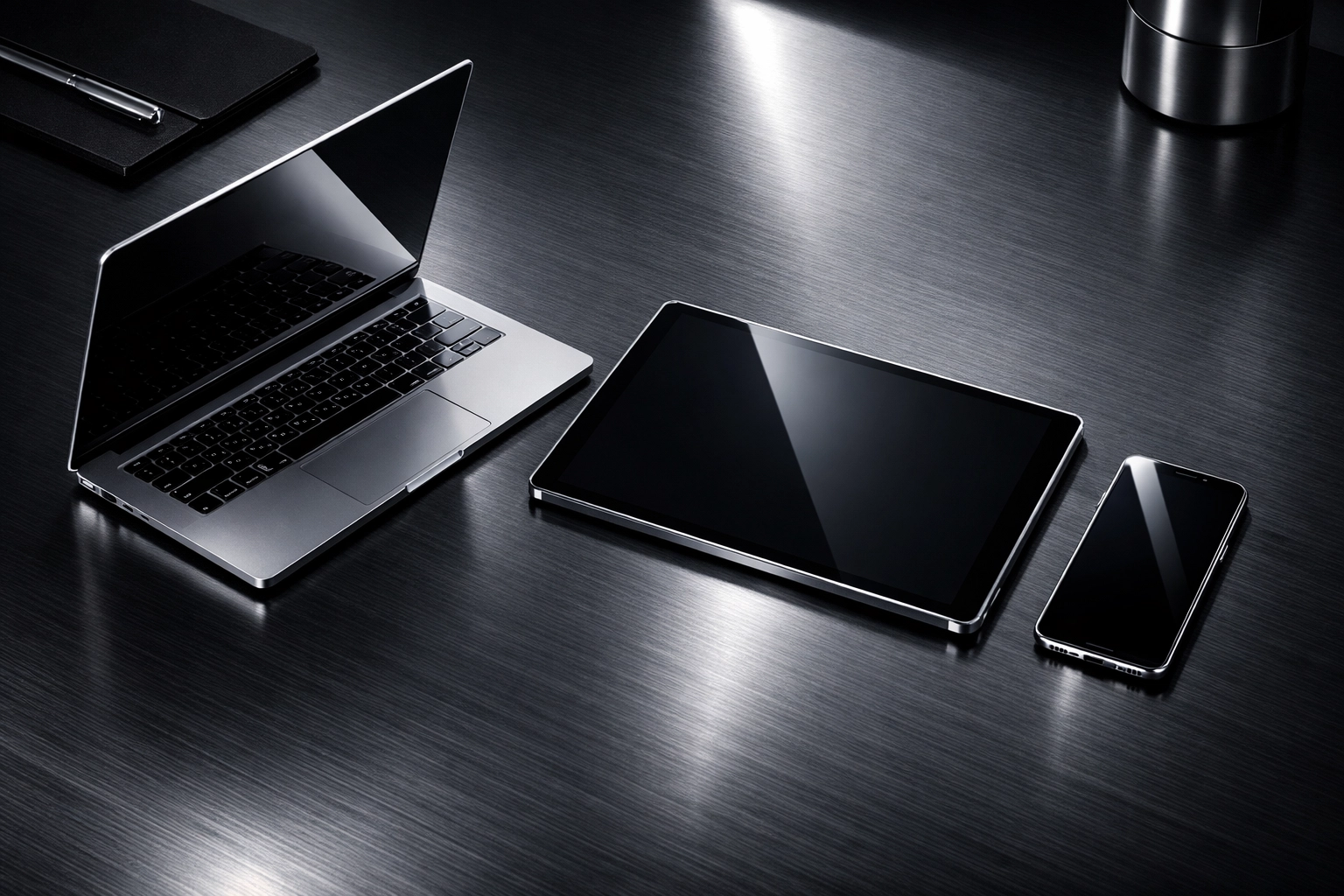 Consistent digital branding and marketing assets displayed on multiple synced devices