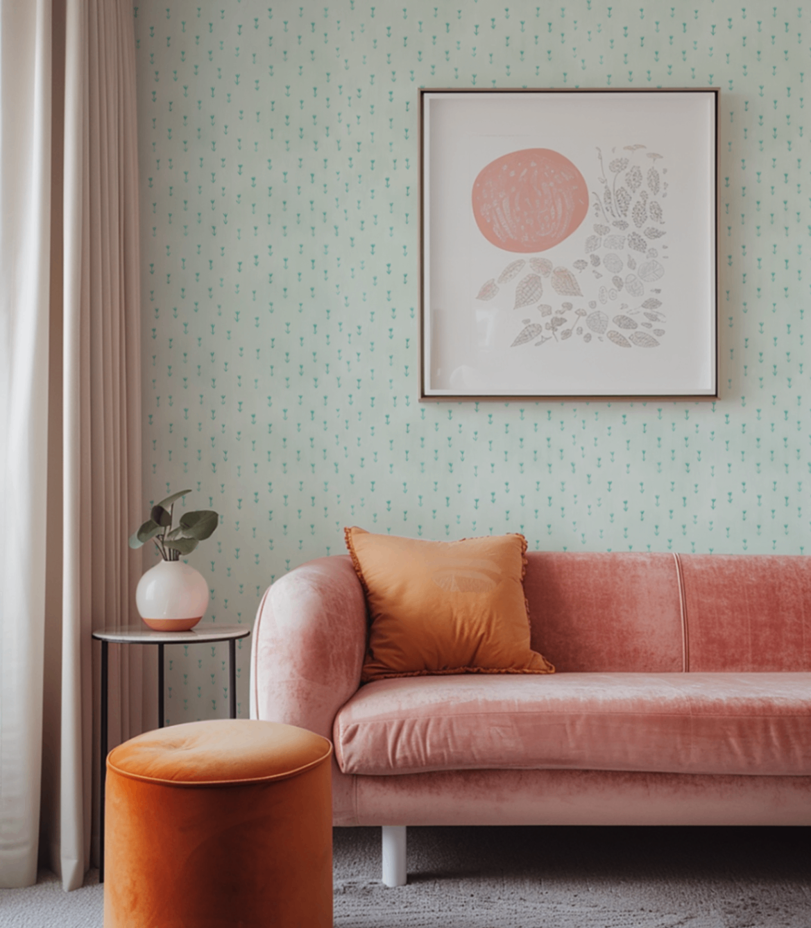 Light-filled Living Room with Custom Wallpaper