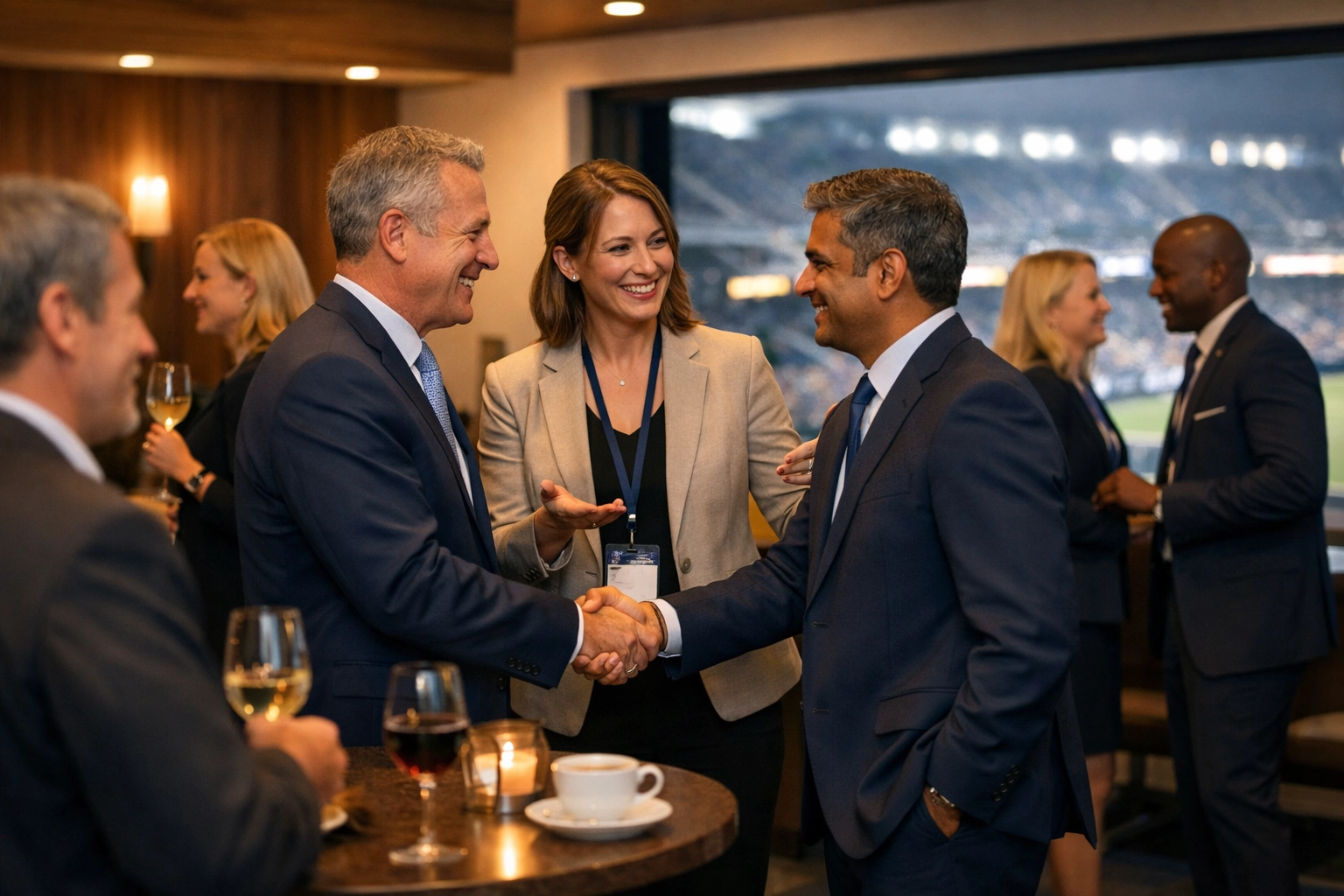 PRESS RELEASE: Stop Wasting Budgets on Generic Super Bowl Hospitality – 7 Data-Driven Tactics USA Entertainment Travel Uses to Triple Client Engagement ROI Business professionals networking at Super Bowl corporate hospitality event with event coordinator