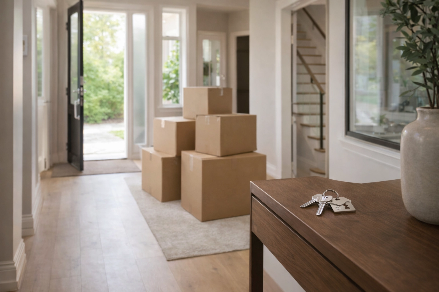 Closing-day scene with moving boxes and house keys inside a newly purchased home