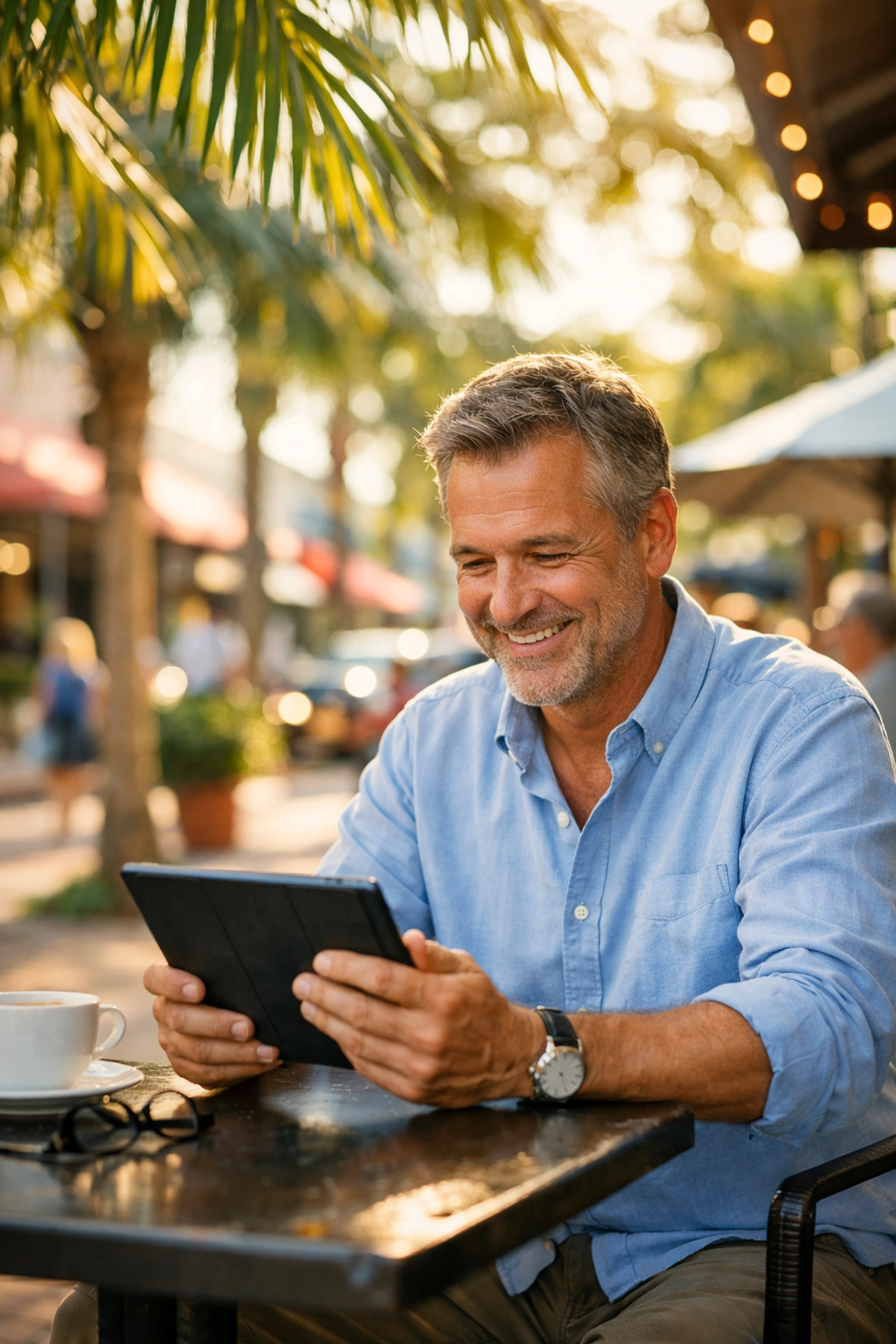 Sarasota business owner using a tablet to manage customer reviews and engagement for local SEO success.