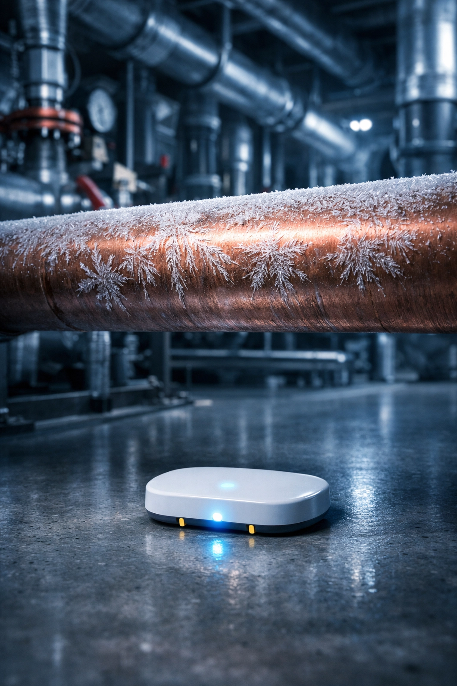 Smart water leak sensor with freeze detection monitoring a commercial pipe in a mechanical room.