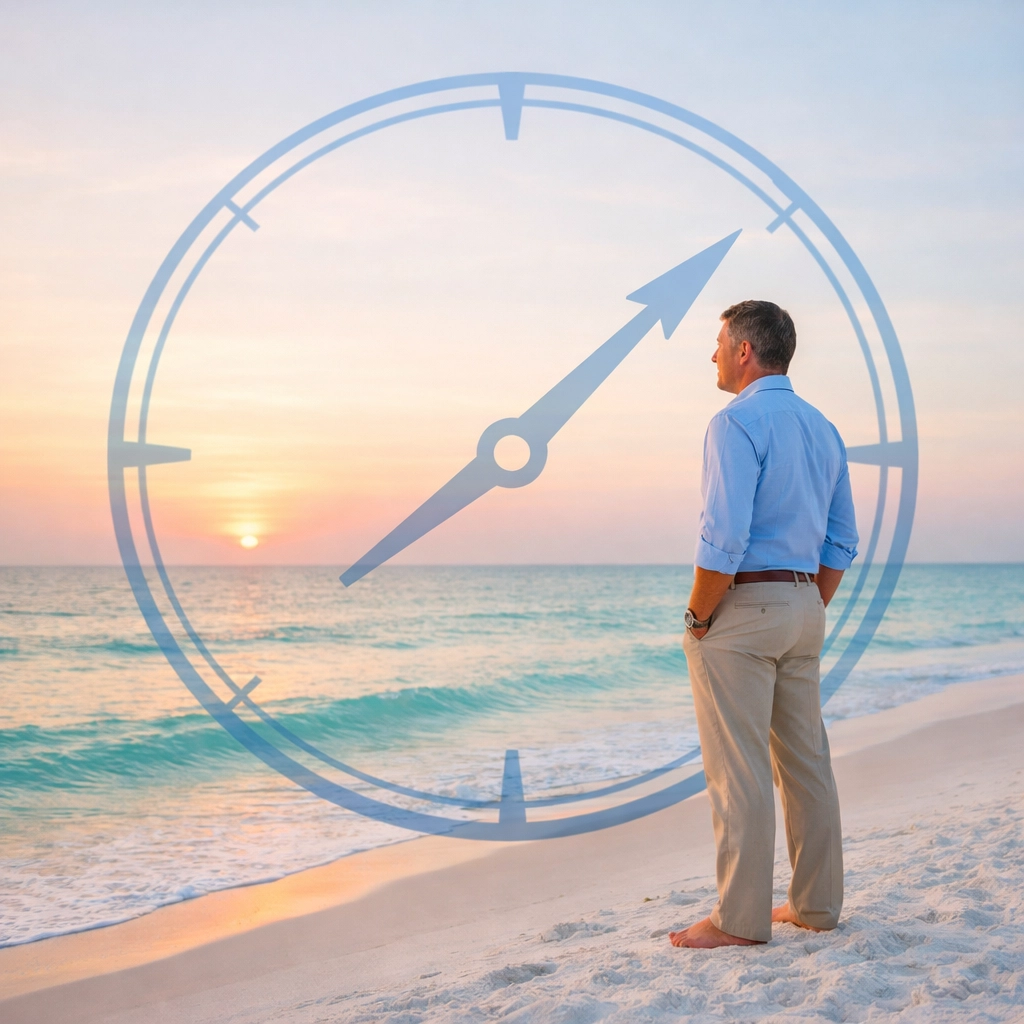 Business owner on a Gulf Coast beach considering strategic timing to sell a franchise.