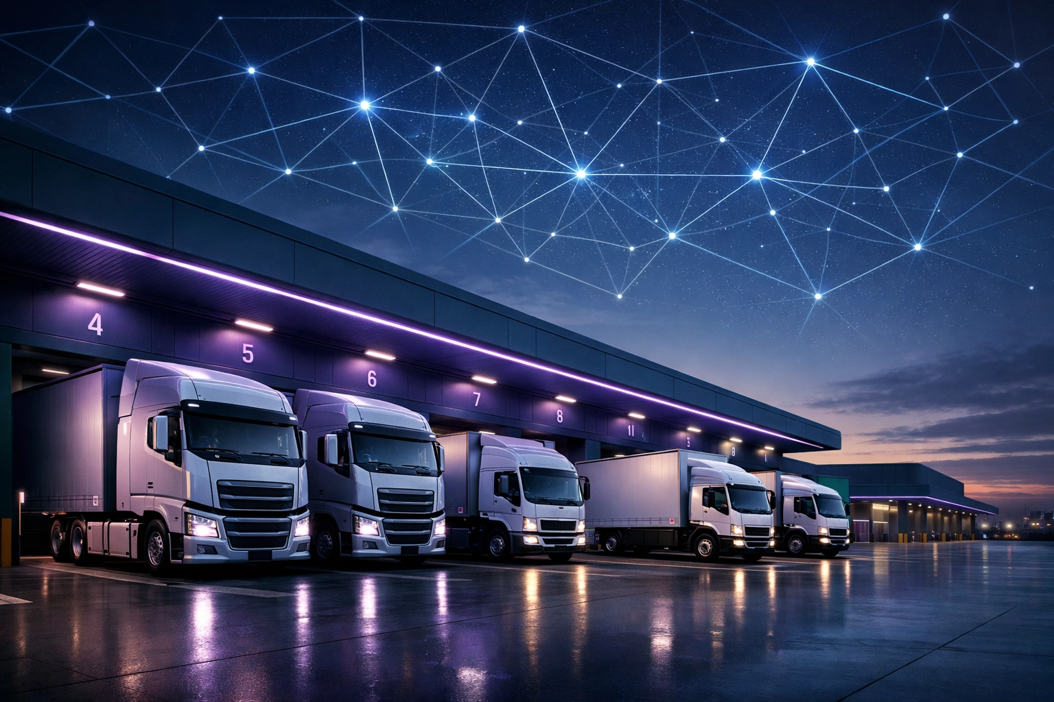 Fleet of Class 1 and Class 2 trucks at a North West logistics distribution hub at twilight.