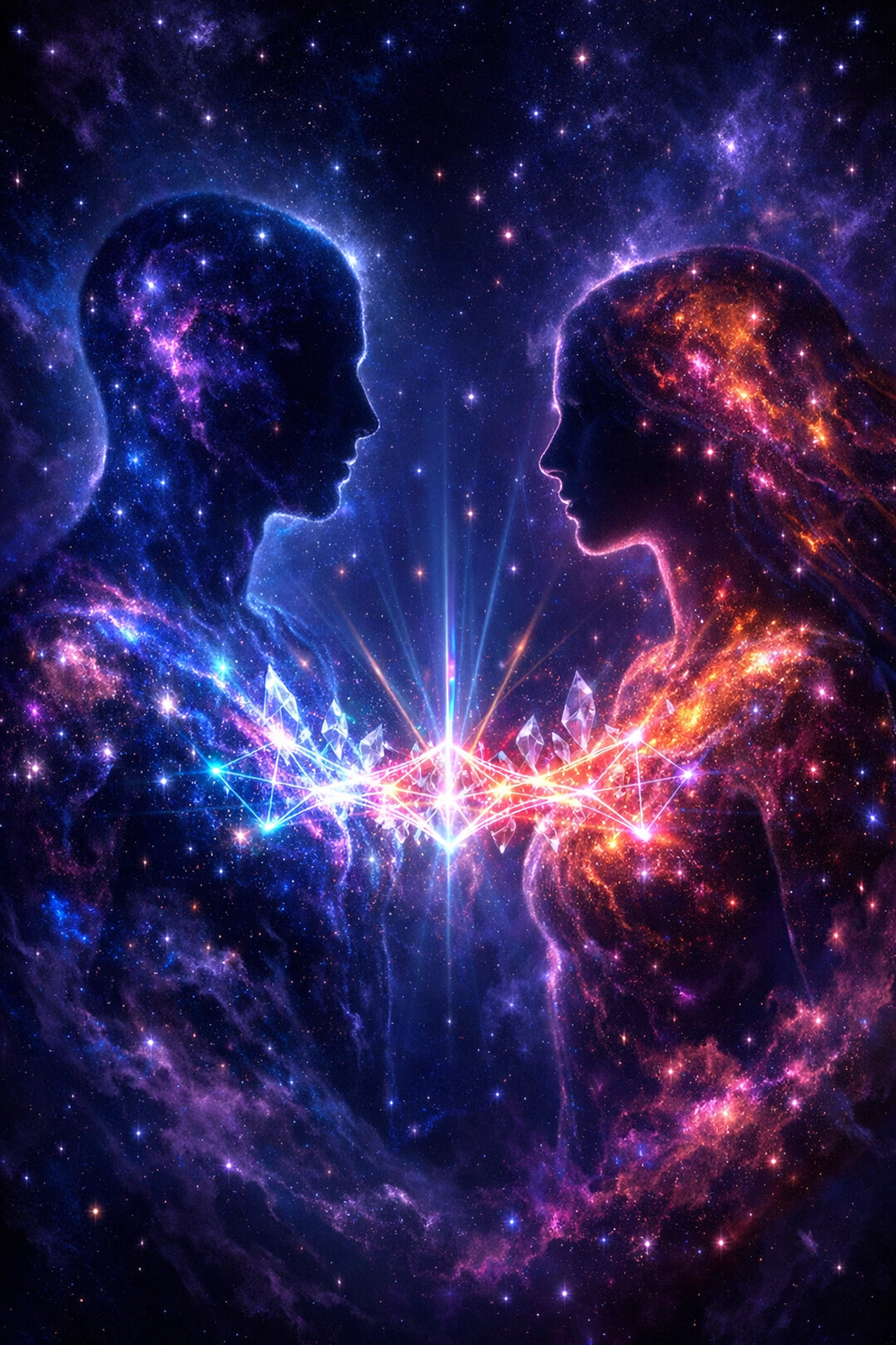 Abstract silhouettes connected by light showing co-regulation to improve relationships.