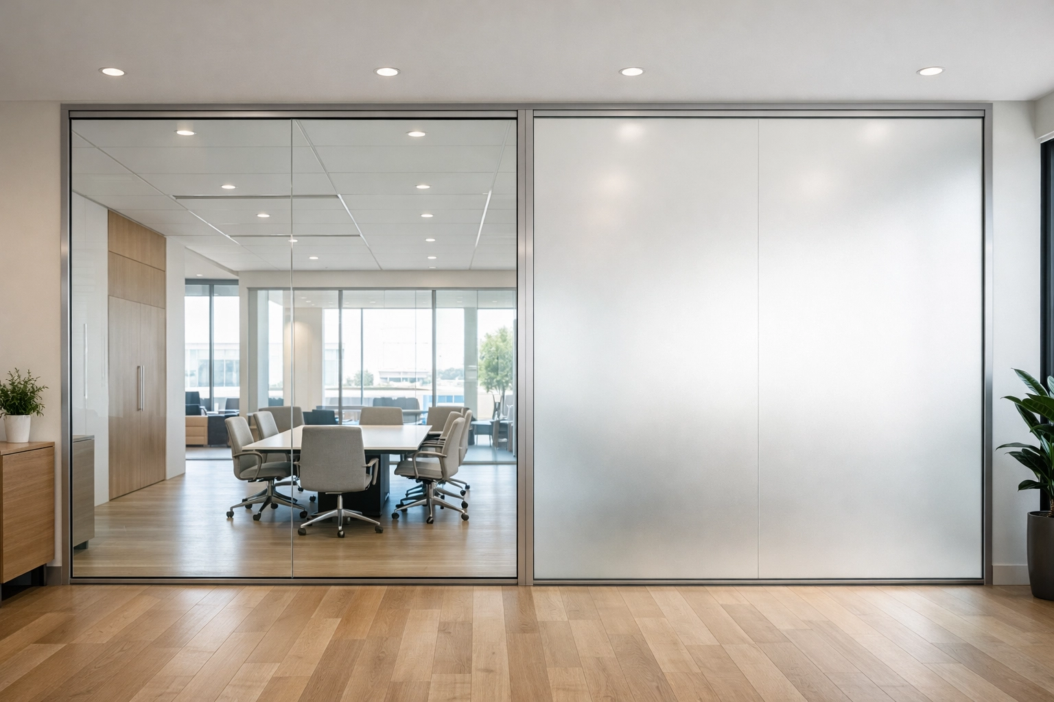 Modern office with smart film glass panels showing clear and frosted privacy modes