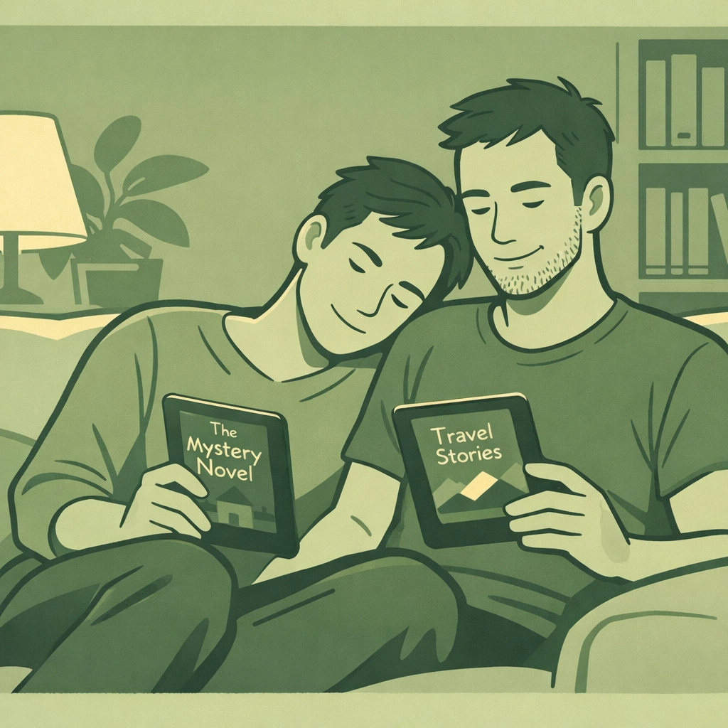Readers enjoying LGBTQ+ ebooks and character-driven MM romance stories together