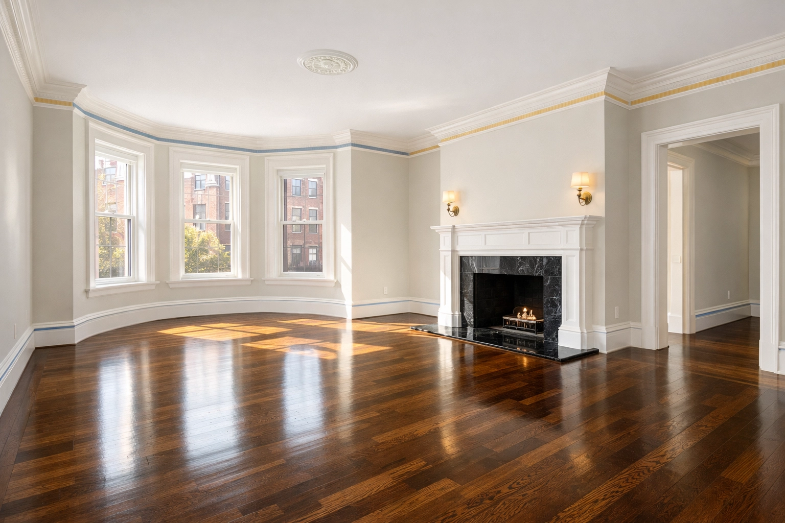 Pristine empty living room in a Boston brownstone after a move-in cleaning service in Massachusetts.