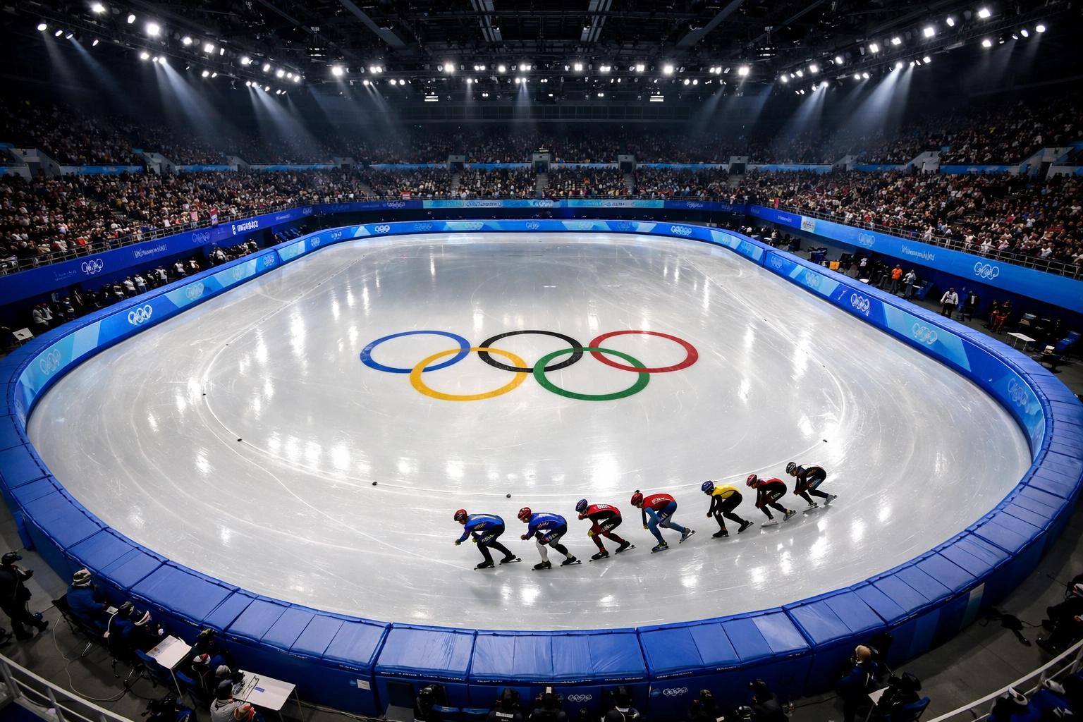 Short-track speed skating oval at Milano Cortina 2026 Olympics with multiple racers competing