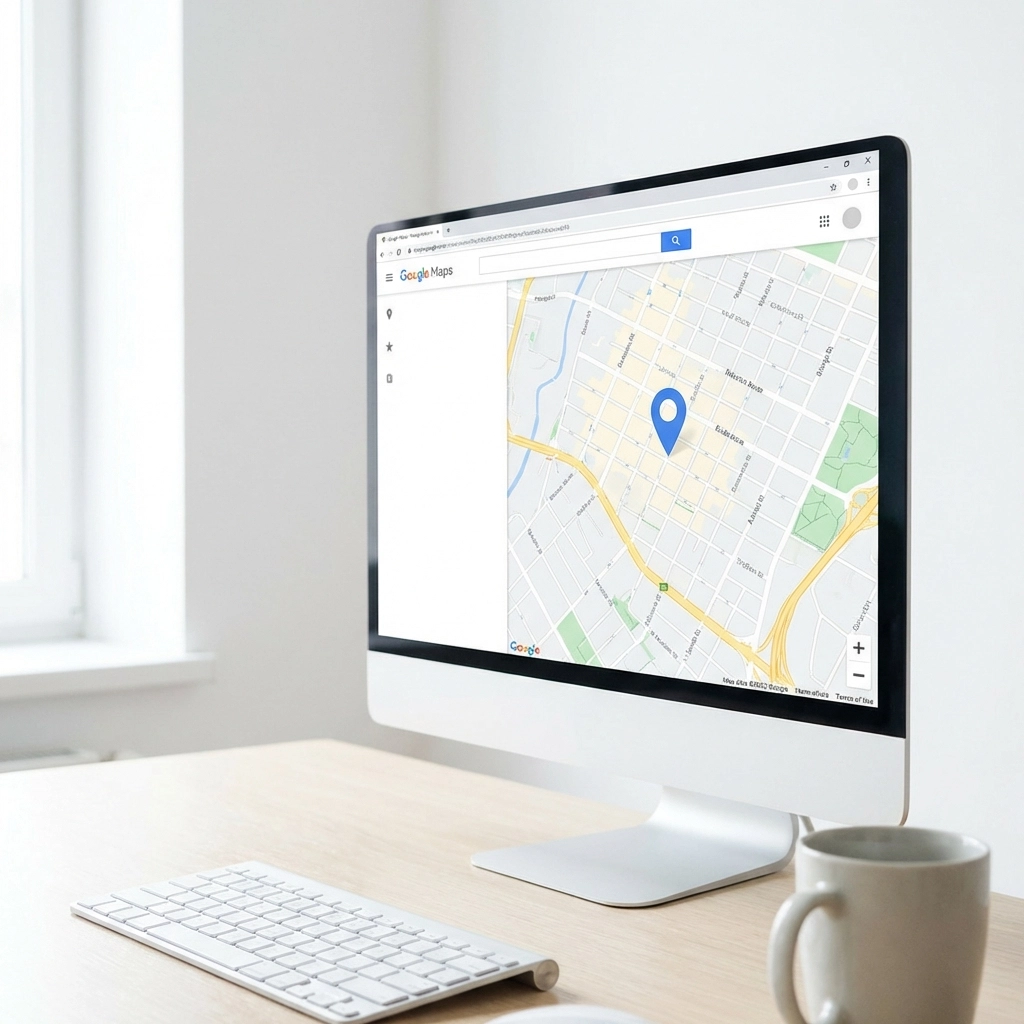 Computer screen with an embedded Google Map pinpointing a location, demonstrating local schema for business websites