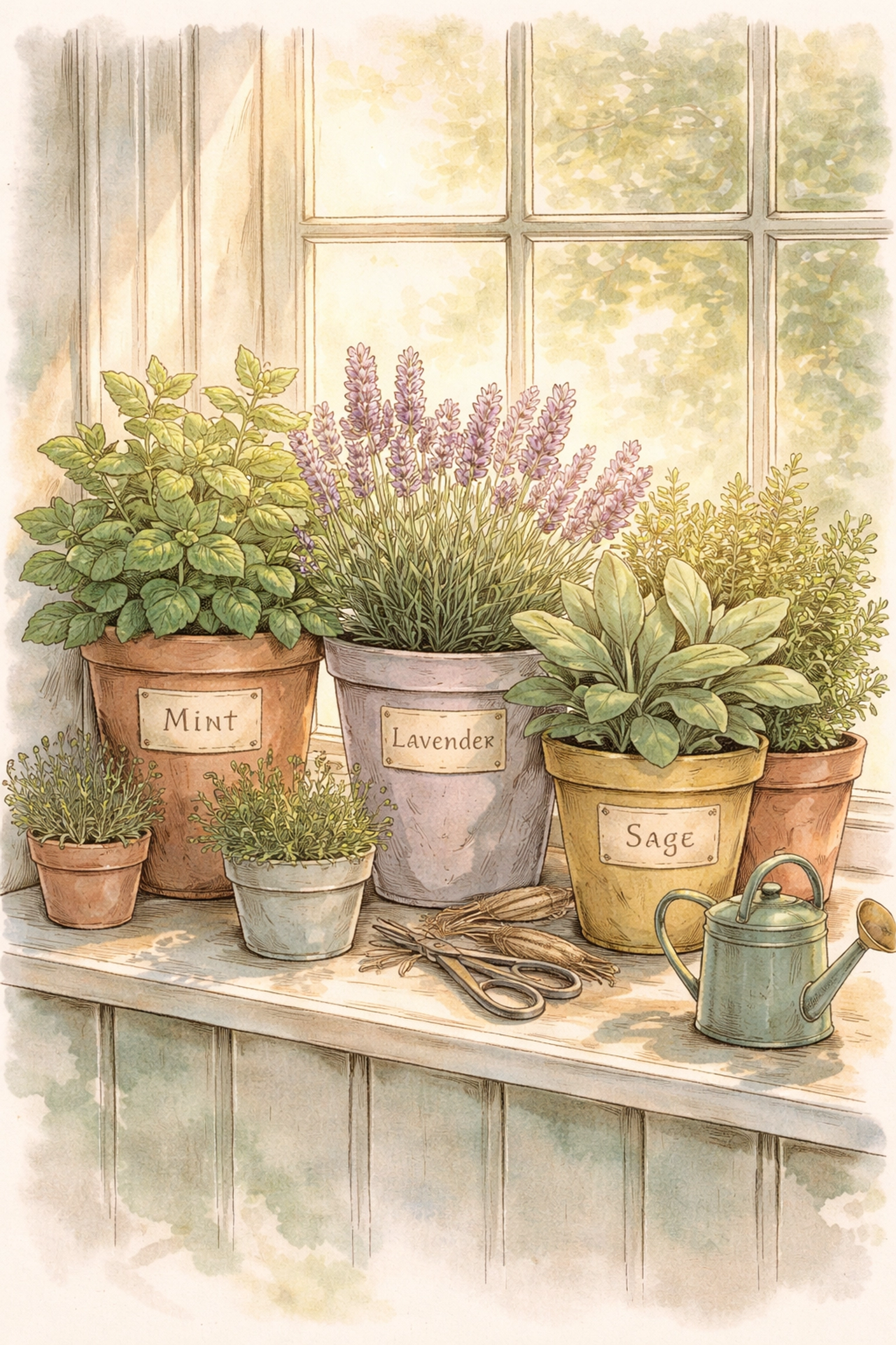 Colorful herb container garden growing on a windowsill, featuring mint, lavender, and sage for a fragrant home garden