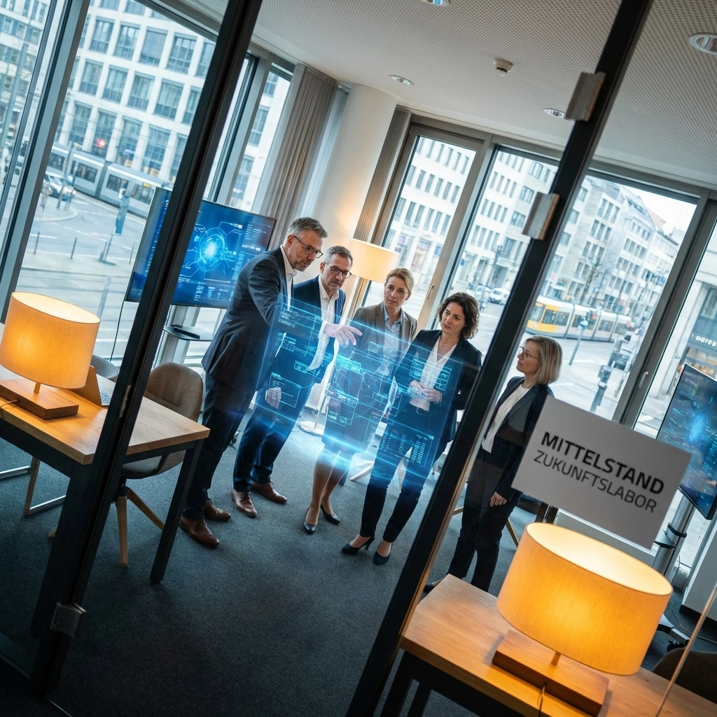 Führungskräfte im Mittelstand diskutieren KI-Strategien im modernen Büro mit digitalen Workflow-Diagrammen