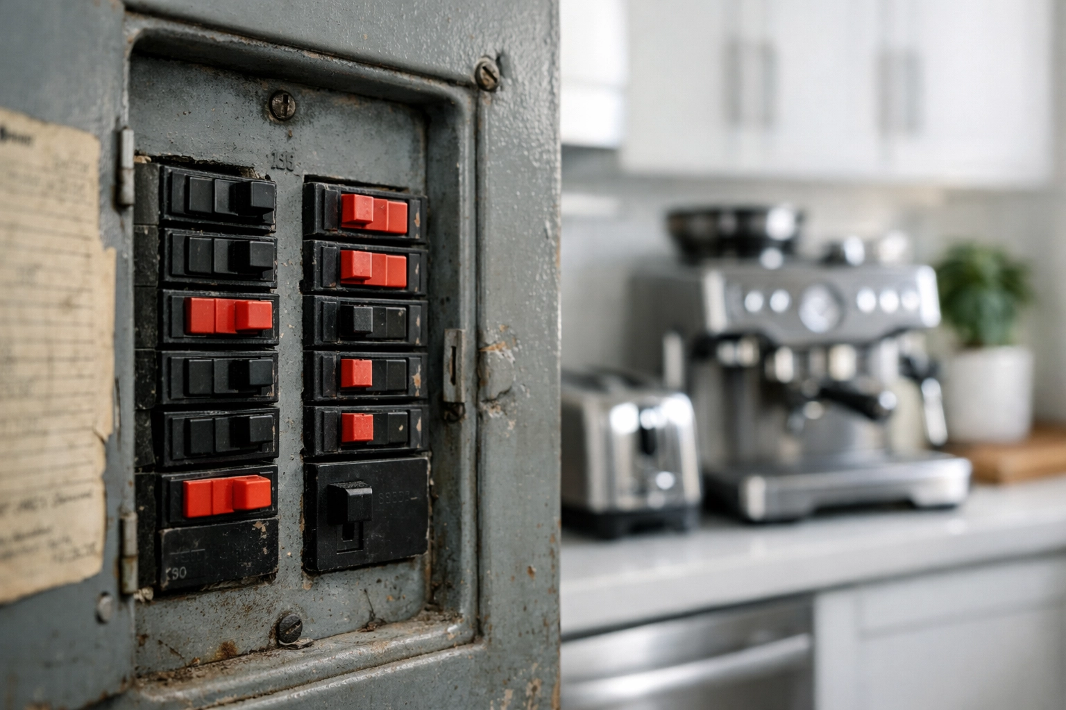 Old Federal Pioneer electrical panel in an Edmonton home needing upgrades for modern kitchen appliances.