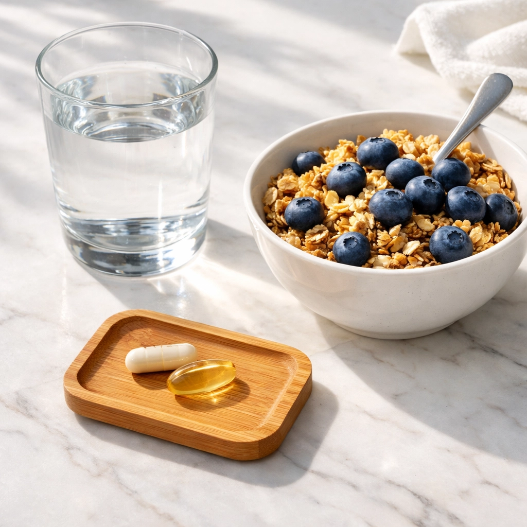 Daily maca root complex capsules served with breakfast as part of a consistent healthy morning routine.