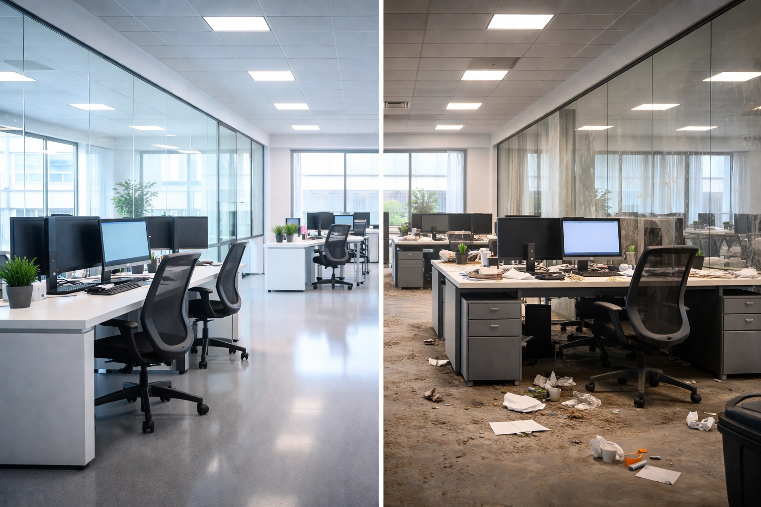 Side-by-side comparison of office cleaning standards showing a spotless workspace versus a neglected, messy one.