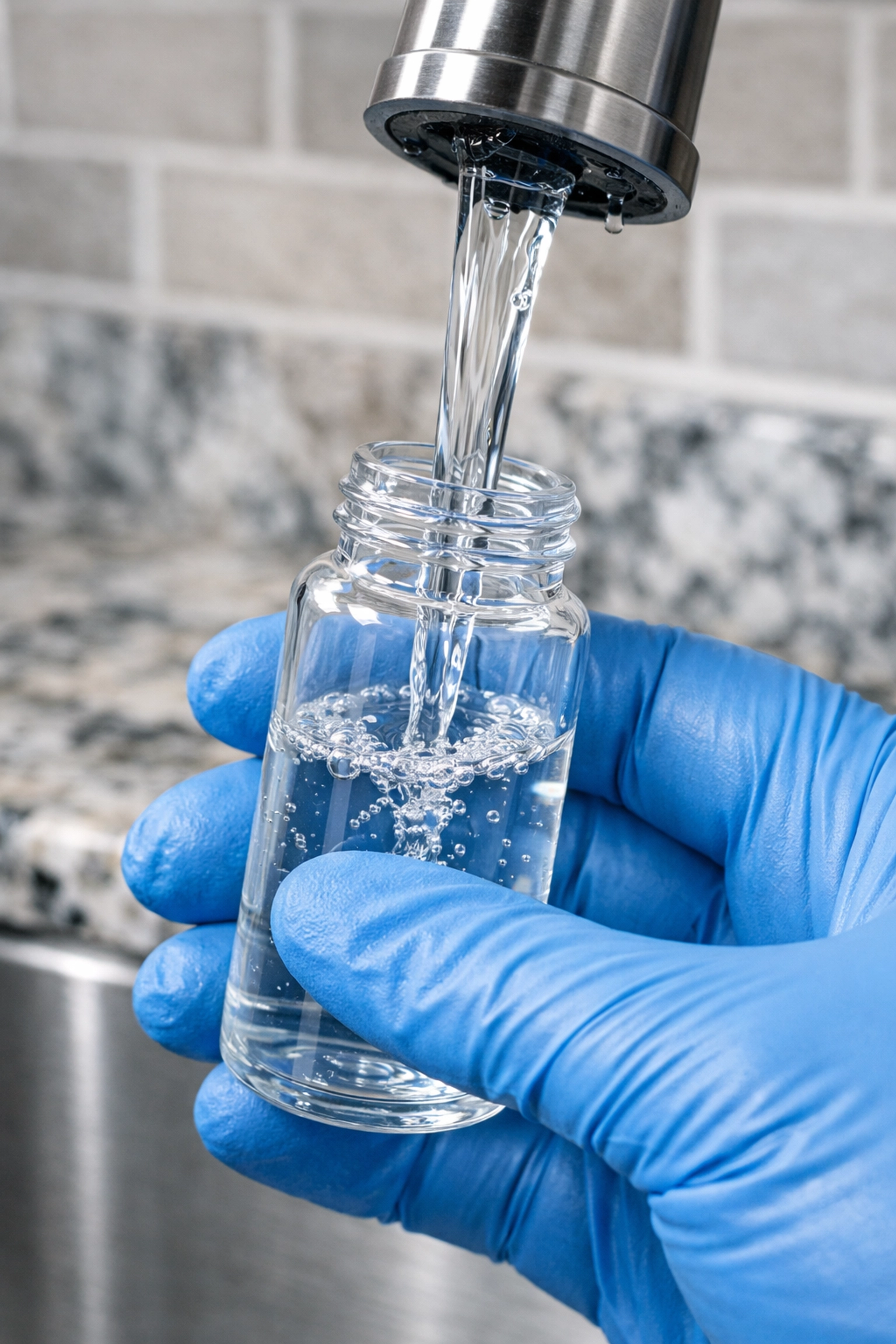 A professional home inspector taking a water quality sample for testing in a Nashua NH kitchen.