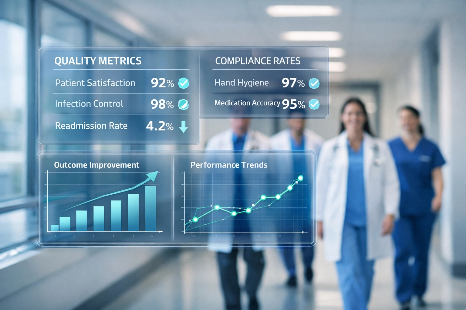 Digital dashboard displaying improved healthcare quality scores and compliance metrics