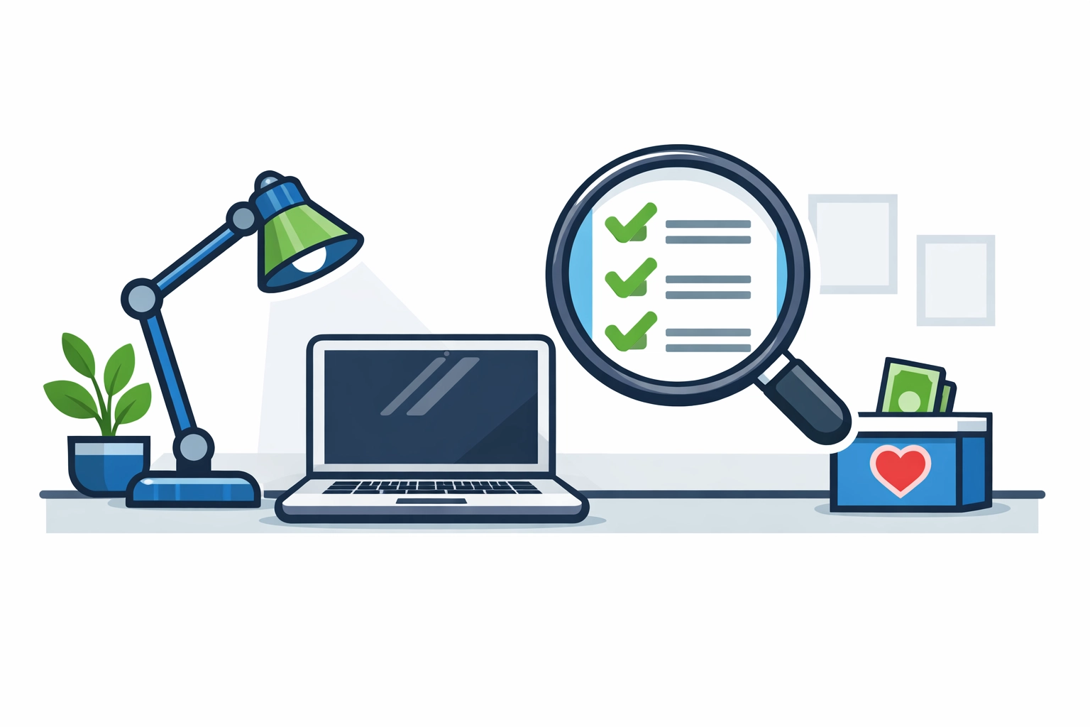 Illustration of home office tax planning with a magnifying glass highlighting deductions and charitable donations.