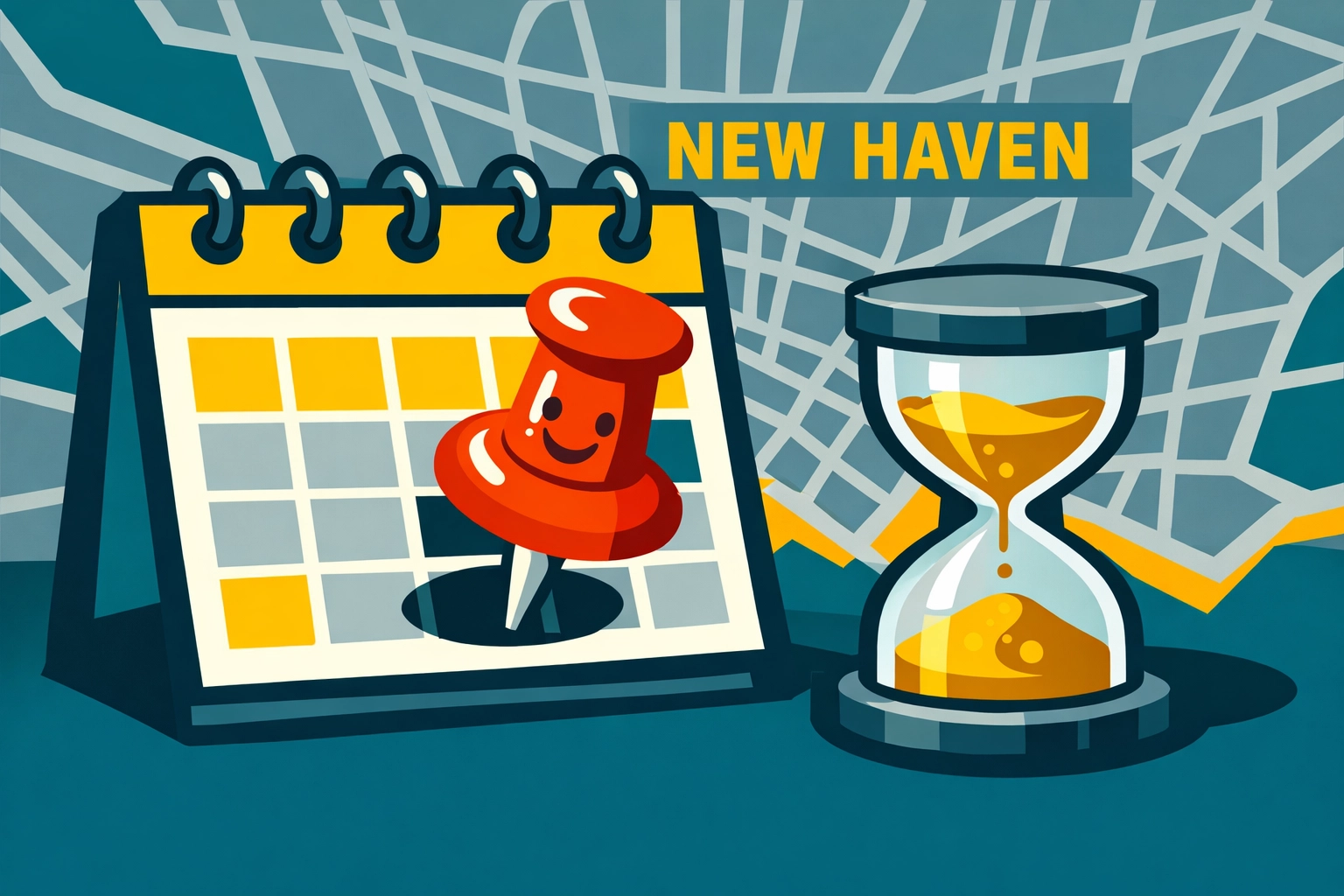New Haven tax filing deadline calendar with an hourglass marking the April 15 due date.