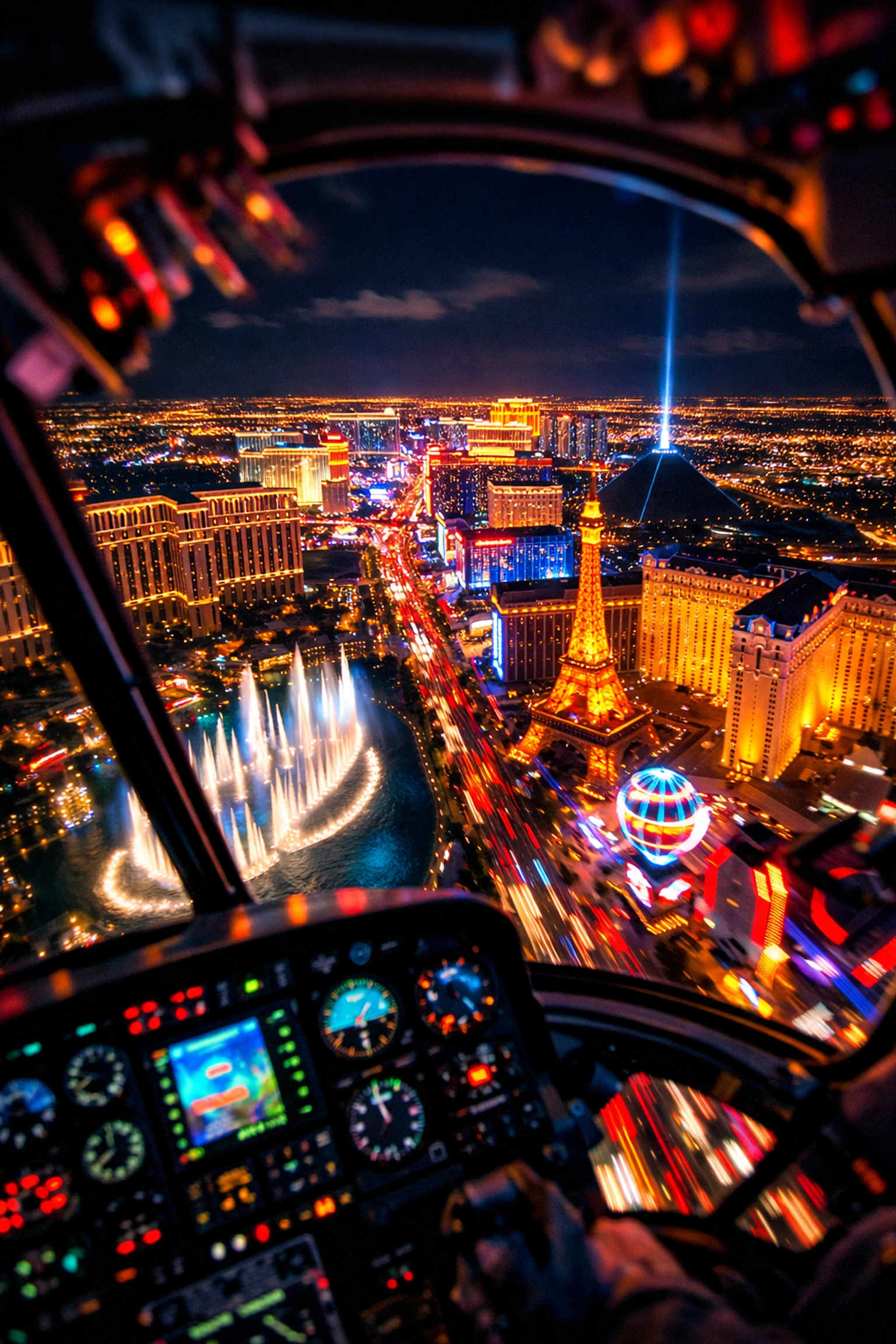 Aerial helicopter view of Las Vegas Strip at night showing Bellagio fountains and casinos