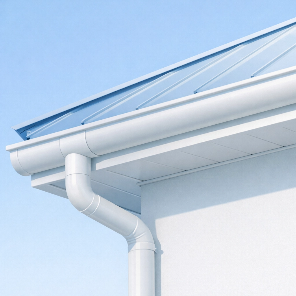 Professionally installed gutters and eaves on a modern metal roof in Sydney.