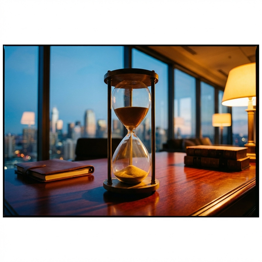 Hourglass on a desk symbolizing the long-term investment horizon and patience required for alternative investments.