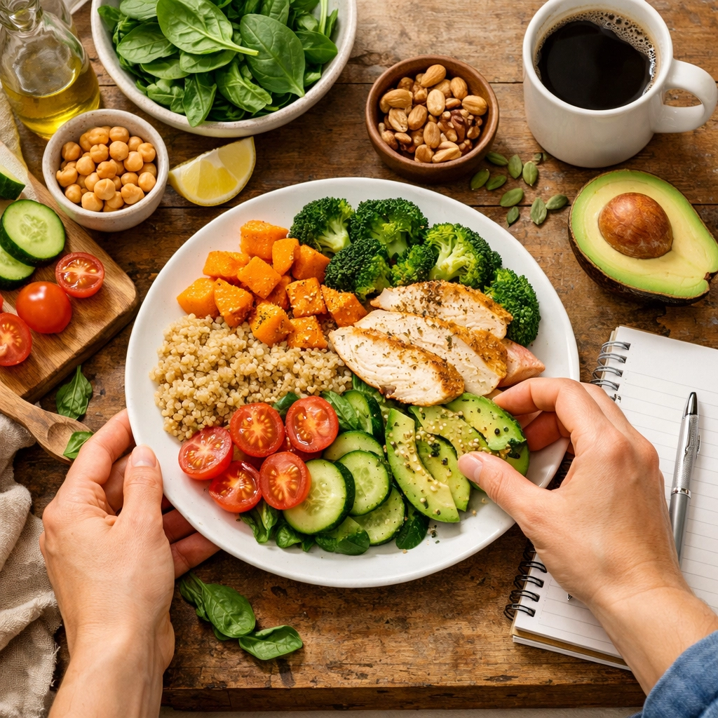 Balanced meal preparation showing sustainable nutrition approach with whole foods