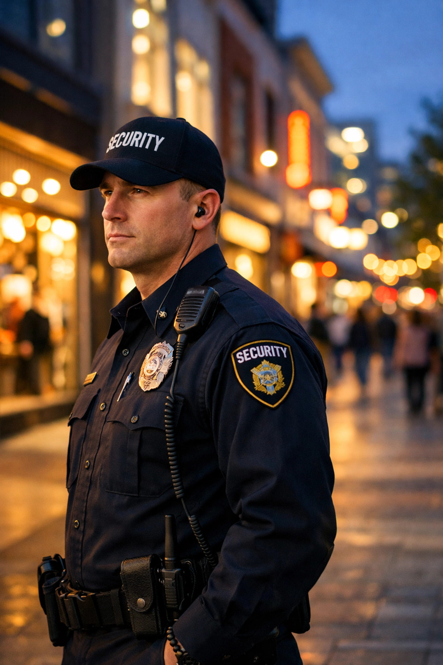 SIA licensed security officer providing professional manned guarding and public safety in a retail district.