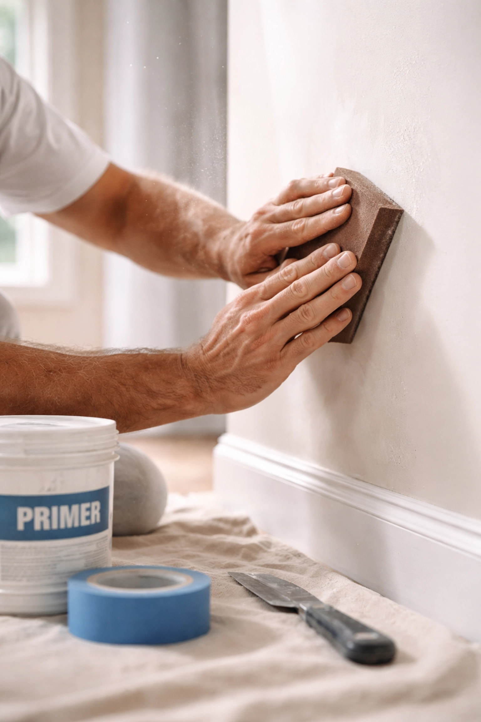 Professional painter prepping an Atlanta home interior wall by sanding before painting