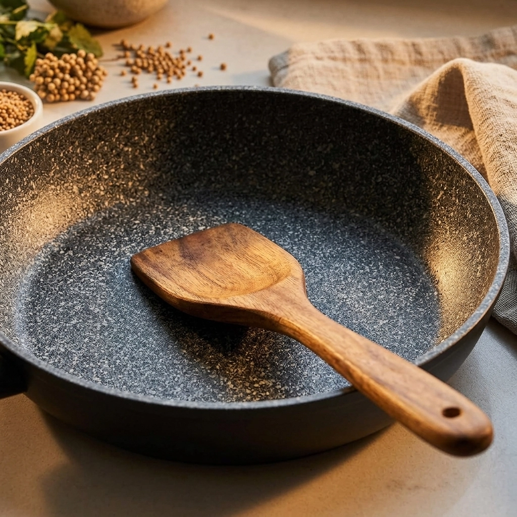 A close-up of a sleek granite-textured skillet with a wooden spatula.