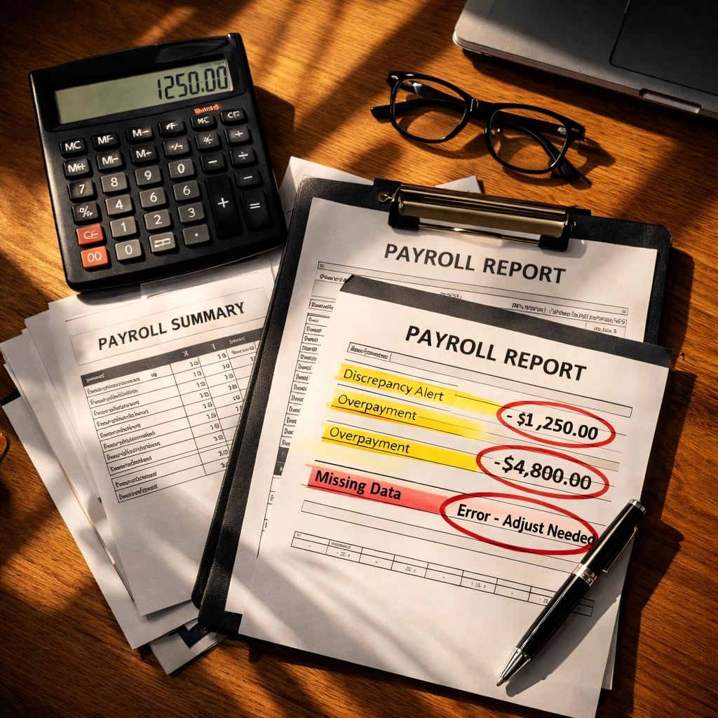 Payroll documents and calculator on desk during fraud investigation and financial audit review