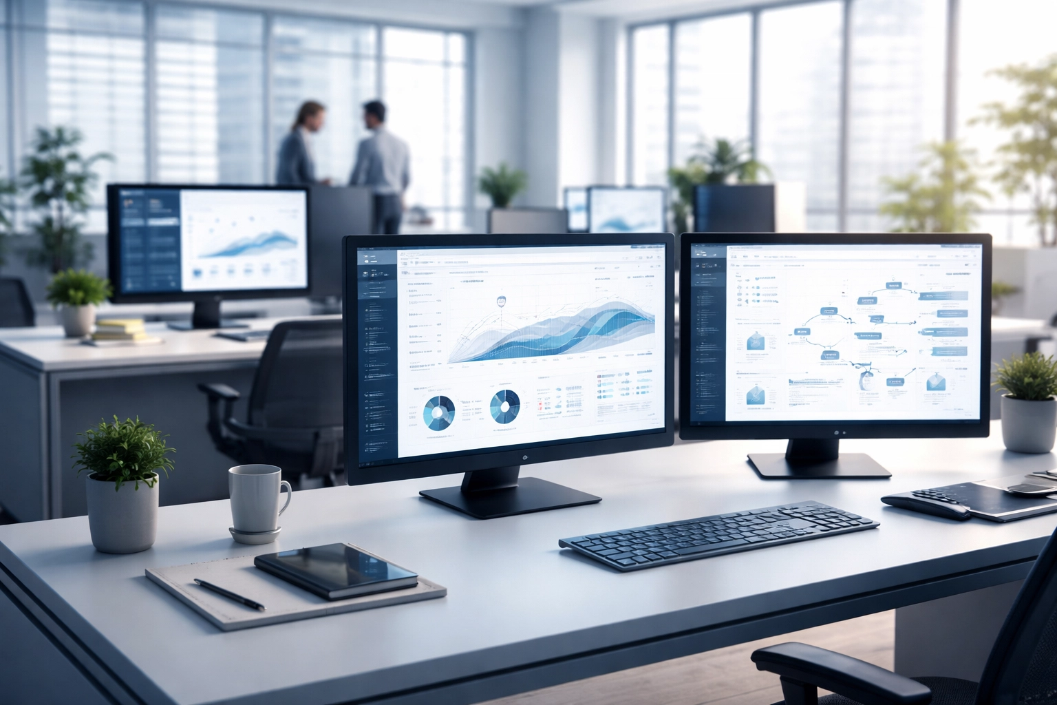 Open-plan office with data dashboards on monitors, showcasing agentic AI automating business processes in a productive environment.