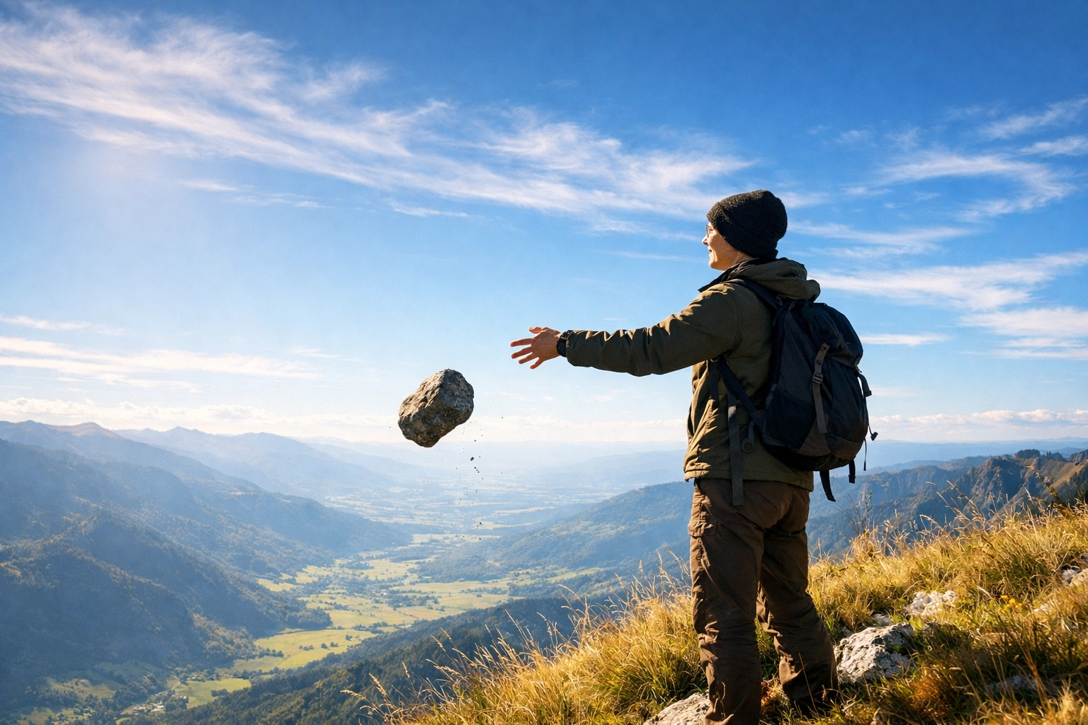 Person drops a heavy stone on a sunny ridge, symbolizing releasing hurt and choosing forgiveness