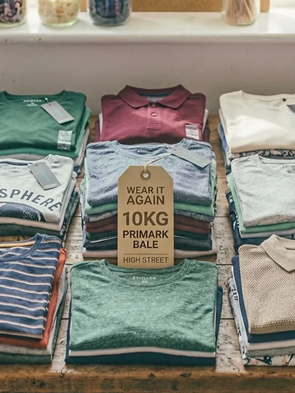 Multiple neatly folded Primark branded shirts and tops arranged in stacks on a rustic wooden table, showcasing the curated, high-quality value bale.